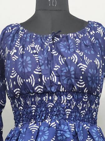 Blue Block Print Maxi Gown with waistband made of Cotton fabric